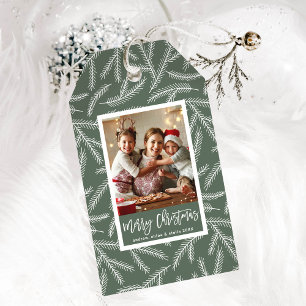 Sage Green Pine Branch Merry Christmas Photo Gift Tags