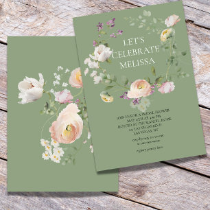 Sage Green Pink Blooms Bridal Shower Invitation