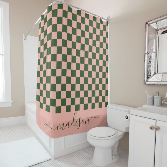 Sage Green & Pink Checkered Aesthetic Shower Curtain (In Situ)