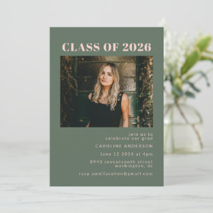 Sage Green Pink Class of 2026 Photo Grad Party Invitation