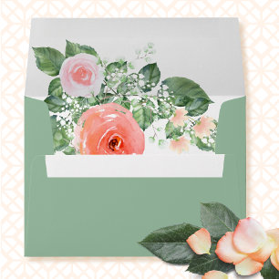 Sage Green Pink Coral Floral Watercolor Wedding Envelope