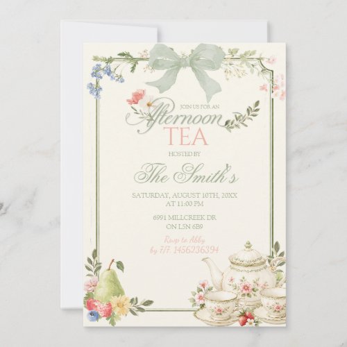 Sage Green Pink Farmer's Market Afternoon Tea Invitation