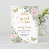 Sage Green Pink Floral Butterflies Gold Sweet 16 Invitation (Standing Front)