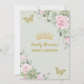 Sage Green Pink Floral Butterflies Gold Sweet 16 Invitation (Back)