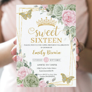Sage Green Pink Floral Butterflies Gold Sweet 16 Invitation
