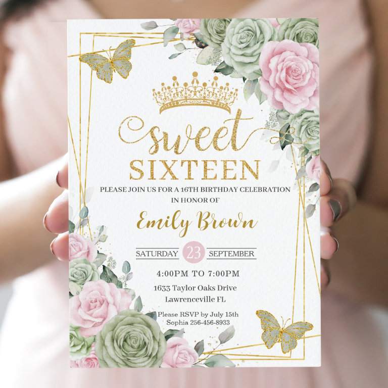 Sage Green Pink Floral Butterflies Gold Sweet 16 Invitation