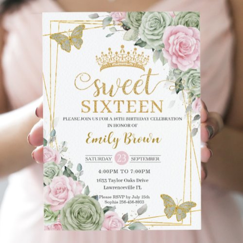 Sage Green Pink Floral Butterflies Gold Sweet 16 Invitation