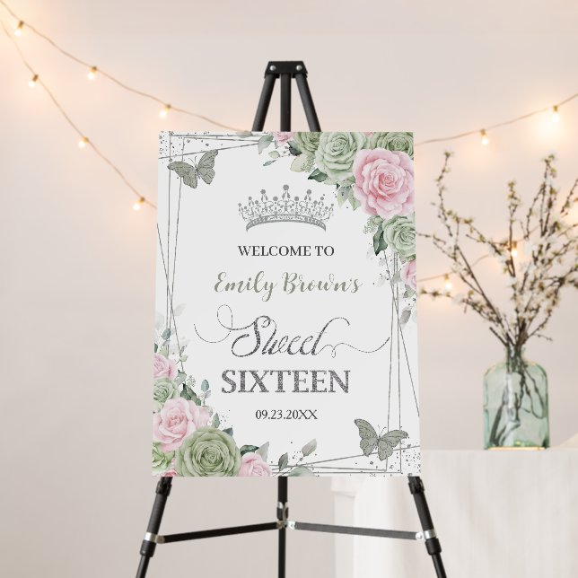 Sage Green Pink Floral Butterflies Silver Sweet 16 Foam Board (In Situ (Stand))