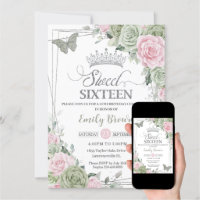 Sage Green Pink Floral Butterflies Silver Sweet 16 Invitation