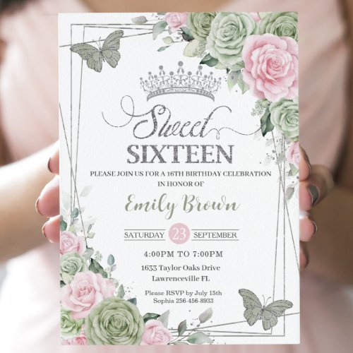 Sage Green Pink Floral Butterflies Silver Sweet 16 Invitation