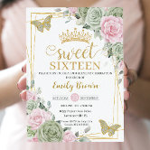 Sweet 16 quinceanera invitations pink gold floral printable – Pink the Cat