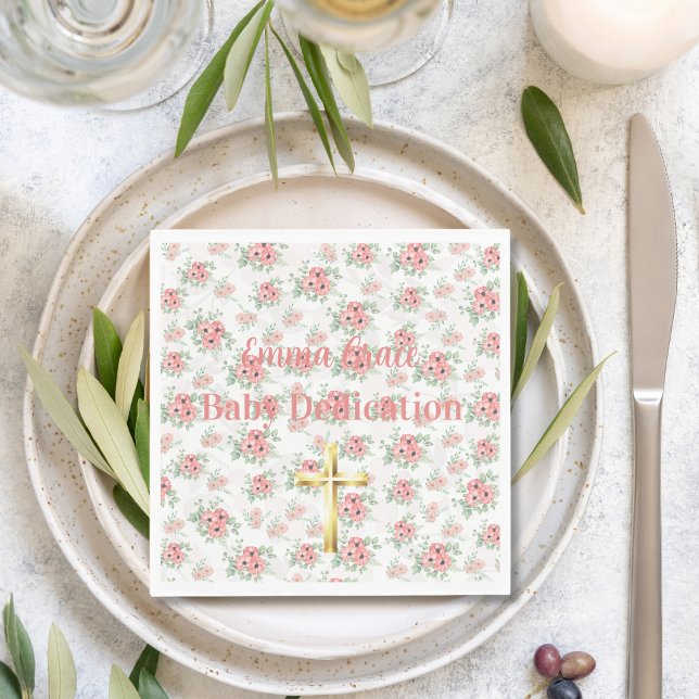 Sage Green & Pink Floral Custom Name w/ Gold Cross Napkins (Creator Uploaded)