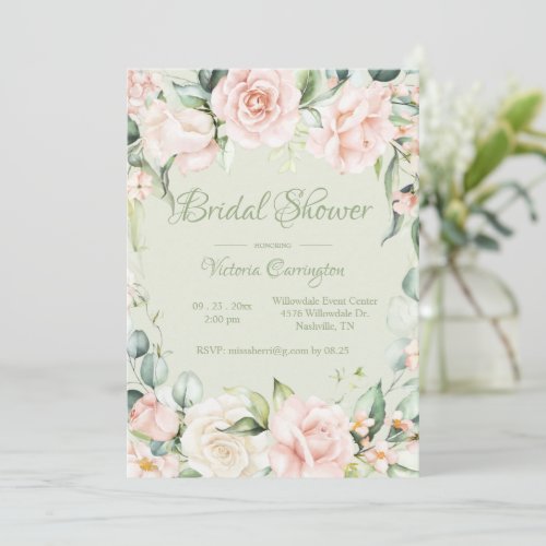 Sage Green  Pink Floral Elegant Bridal Shower Invitation