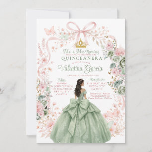 Sage Green Pink Floral Gold Princess Quinceañera I Invitation