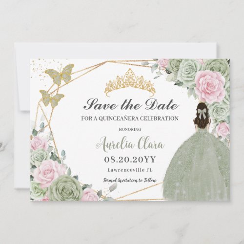 Sage Green Pink Floral Gold Quinceanera Princess  Save The Date