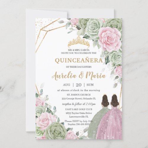 Sage Green Pink Floral Gold Quinceaera Twins Invitation