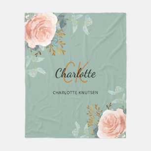 Sage green pink floral greenery monogram name fleece blanket