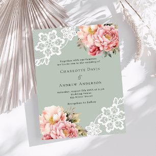 Sage green pink floral lace wedding invitation