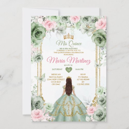 Sage Green  Pink Floral Mis Quince 16th Birthday Invitation