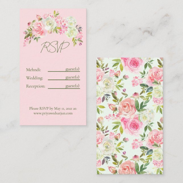 Sage Green & Pink Floral Multi Event Details Card (Front/Back)