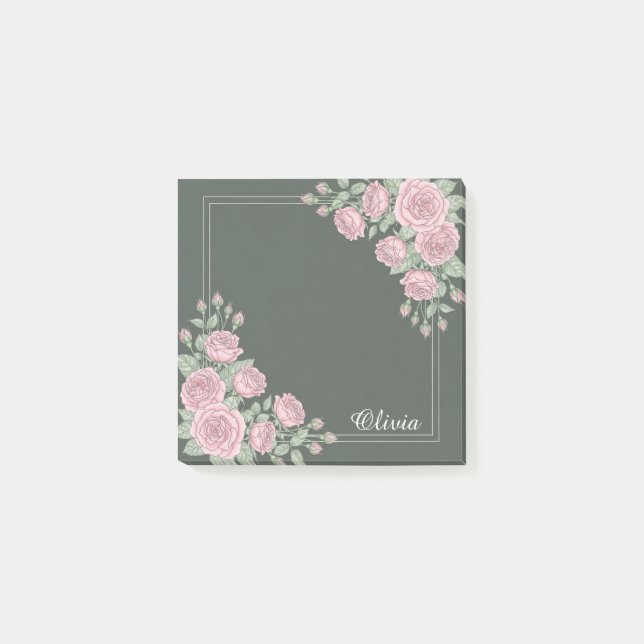 Sage Green & Pink Floral Personalized Sticky Notes (Front)