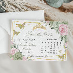Sage Green Pink Floral Quinceanera 16th Calendar Save The Date<br><div class="desc">Edit this calendar style sage green and pink floral save the date card with your own details. Change the month and dates. Click "Edit using design tool" to access the design area and move the gold heart icon to mark your occasion's date. Matching items available in store. (c) The Happy...</div>