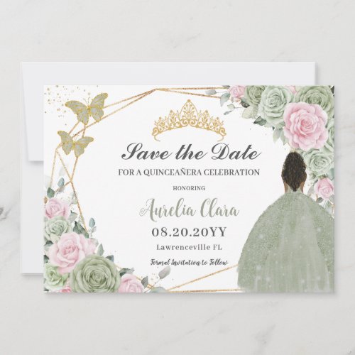 Sage Green Pink Floral Quinceanera Brown Princess  Save The Date