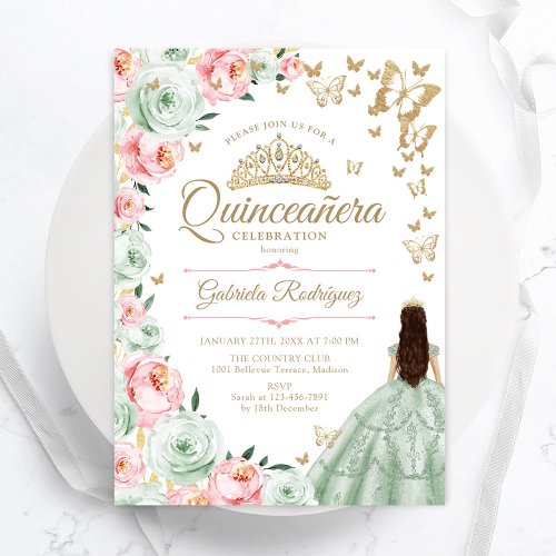 Sage Green Pink Floral Quinceanera Invitation