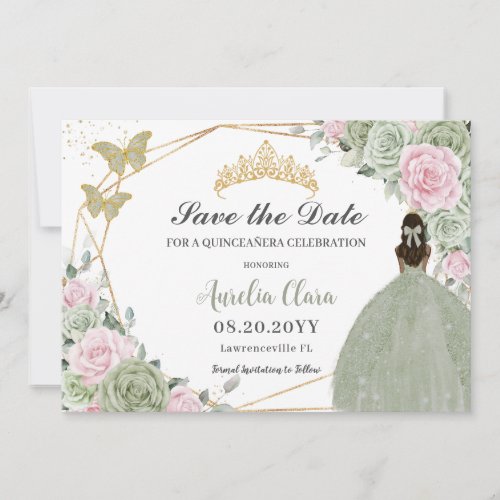 Sage Green Pink Floral Quinceanera Tan Princess  Save The Date
