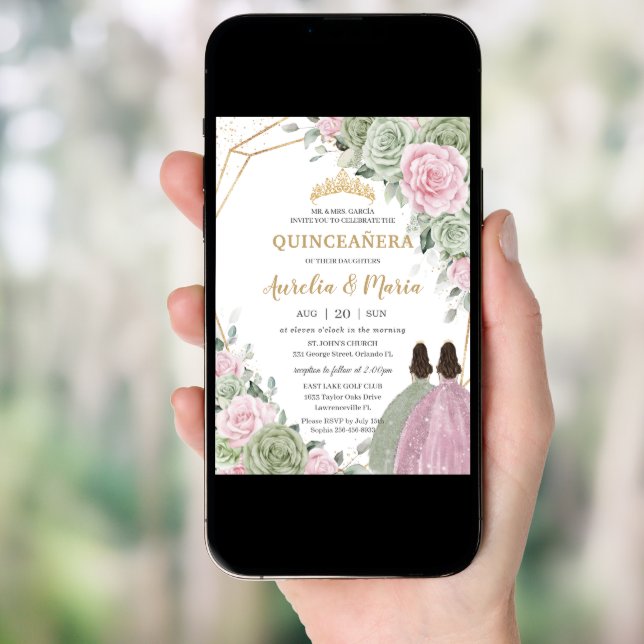 Sage Green Pink Floral Quinceañera Twins Butterfly Invitation (Front Digital)