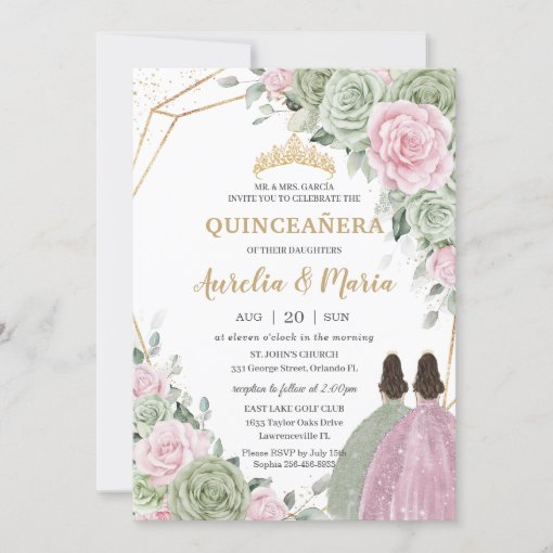 Sage Green Pink Floral Quinceañera Twins Butterfly Invitation | Zazzle