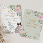 Sage Green Pink Floral Quinceañera Twins Butterfly Invitation<br><div class="desc">This chic Quinceañera invitation features a gold glitter geometric frame adorned by delicate watercolor sage green, pale pink floral, soft sage greenery and a girl in a lovely sage green dress and another girl in a pretty pink dress. Personalize it with your details easily and quickly, simply press the customise...</div>