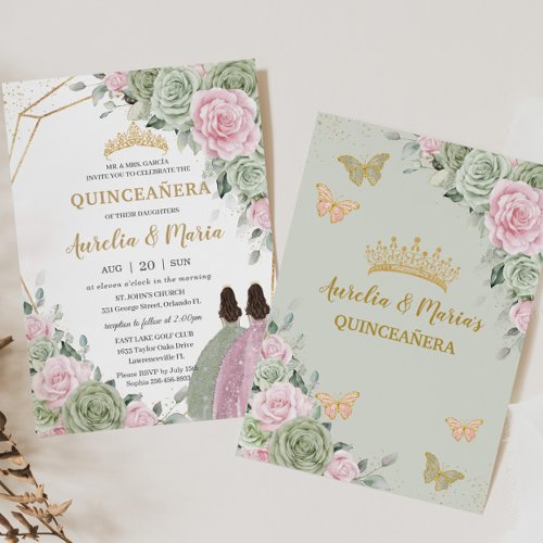 Sage Green Pink Floral Quinceaera Twins Butterfly Invitation