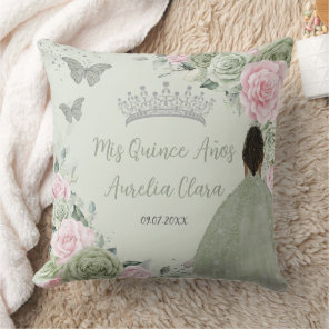 Sage Green Pink Floral Silver Quinceañera Keepsake Throw Pillow