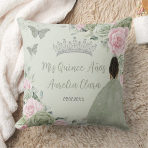 Sage Green Pink Floral Silver Quinceañera Keepsake Throw Pillow