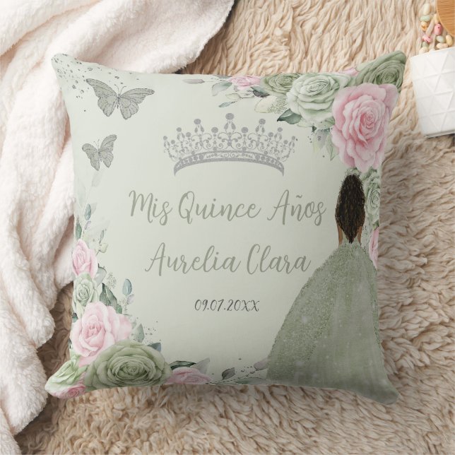 Sage Green Pink Floral Silver Quinceañera Keepsake Throw Pillow (Blanket)