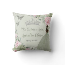 Sage Green Pink Floral Silver Quinceañera Keepsake Throw Pillow