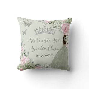 Sage Green Pink Floral Silver Quinceañera Keepsake Throw Pillow