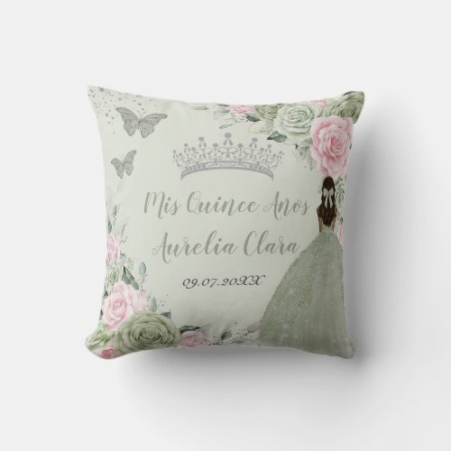 Sage Green Pink Floral Silver Quinceaera Keepsake Throw Pillow
