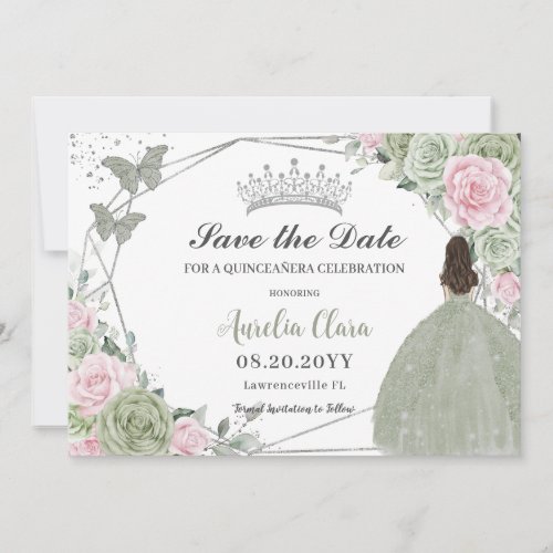 Sage Green Pink Floral Silver Quinceanera Princess Save The Date