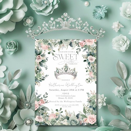 Sage Green Pink Floral Tiara Crown Silver Sweet 16 Invitation