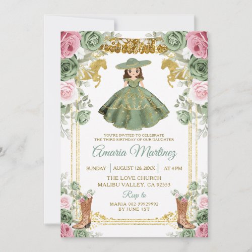 Sage Green Pink Flowers Cute Girl 3rd Birthday Invitation