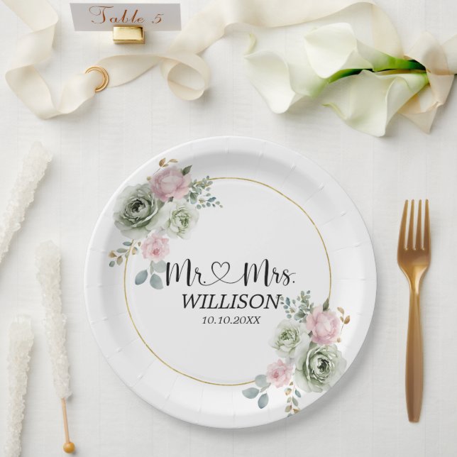 Sage Green & Pink Flowers wedding  Paper Plates (Wedding)