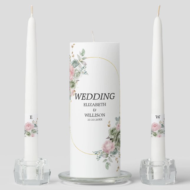 Sage Green & Pink Flowers Wedding  Unity Candle Set (Front)