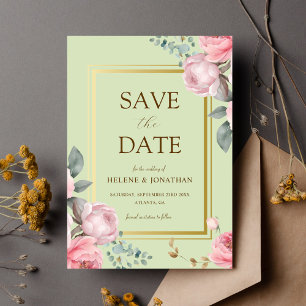 Sage Green Pink Garden Elegant Floral Wedding Save The Date