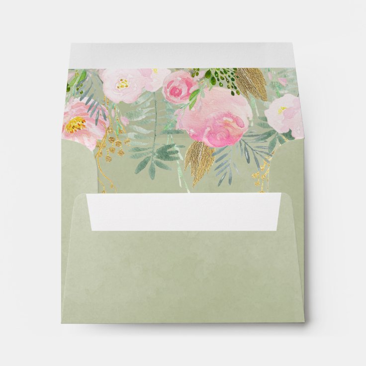 Sage Green Pink Gold Floral Wedding Bridal Shower Envelope | Zazzle