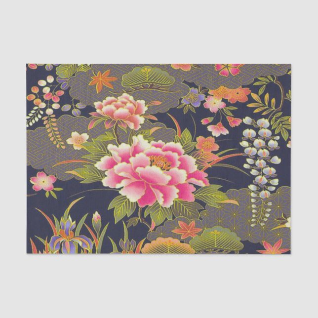 Sage Green Pink Japanese Kimono Floral Decoupage Tissue Paper (Front)