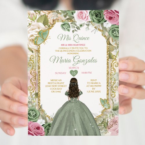 Sage Green Pink Mis Quince 15 Anos Crown Butterfly Invitation