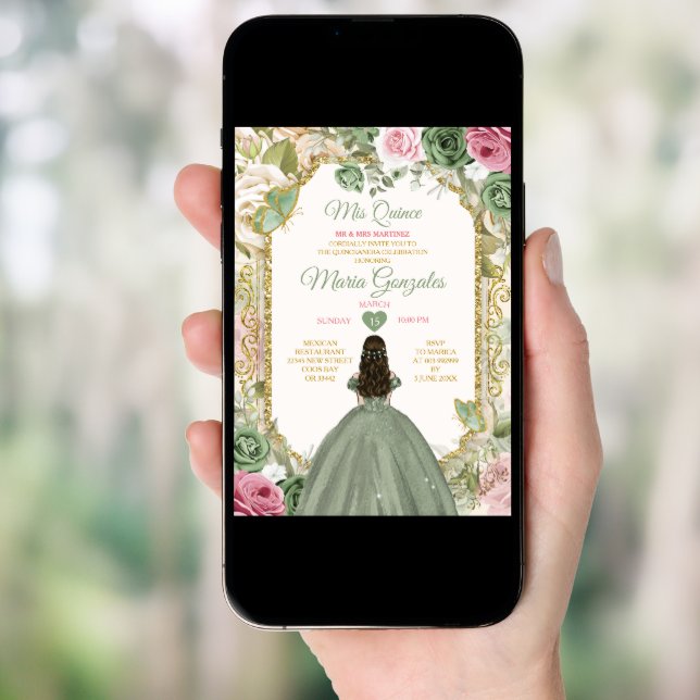 Sage Green Pink Mis Quince 15 Anos Crown Butterfly Invitation (Front Digital)