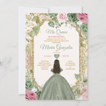 Sage Green Pink Mis Quince 15 Anos Crown Butterfly Invitation by HappyPartyStudio at Zazzle